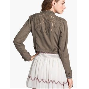 Free People Olive Green Cropped Embroidered Jacket